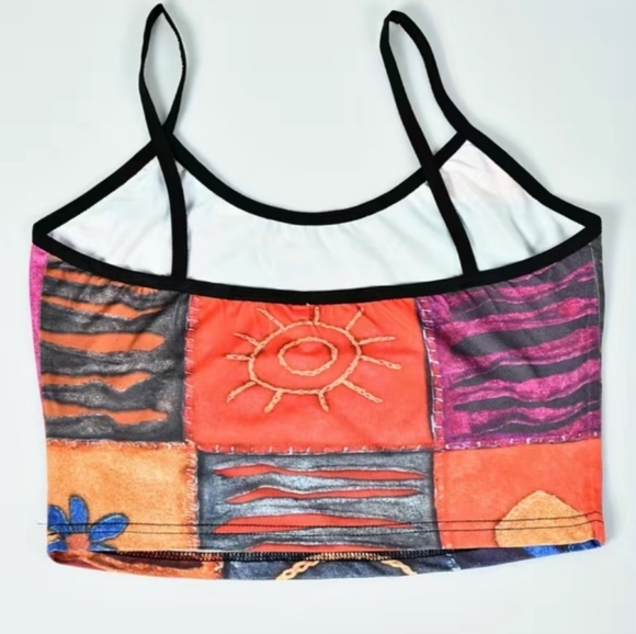 Cropped Tank Top spaghetti straps colorful pink black patchwork print. Cute - Picture 2 of 5
